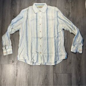 Tommy Bahama Shirt Mens Large Blue White Linen Cotton Striped‎ Button Front
